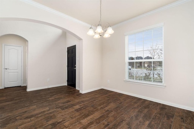 24727 Lake Basin Ct, Katy, TX 77493 - unfurnished room with dark wood-style floors, a chandelier, arched walkways, and crown molding
