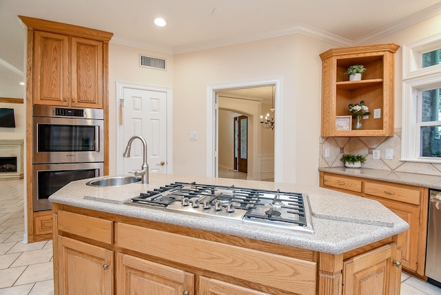 3003 Bernadette Ln, Houston, TX 77043 - kitchen with appliances with stainless steel finishes, tasteful backsplash, ornamental molding, a kitchen island, and light tile patterned floors
