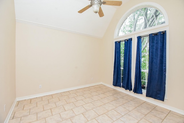 3003 Bernadette Ln, Houston, TX 77043 - spare room featuring ceiling fan, high vaulted ceiling, and light tile patterned flooring