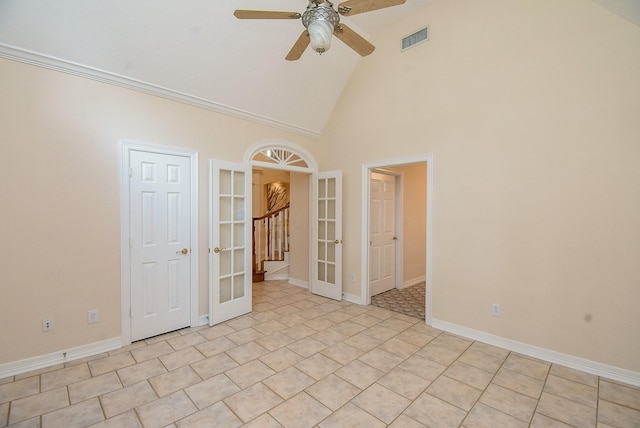 3003 Bernadette Ln, Houston, TX 77043 - spare room featuring ceiling fan, high vaulted ceiling, french doors, and light tile patterned flooring