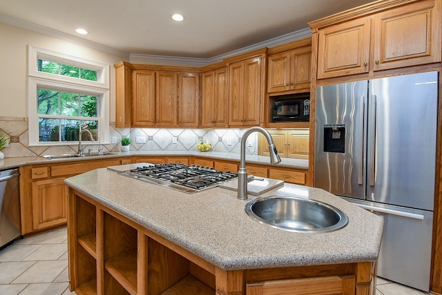 3003 Bernadette Ln, Houston, TX 77043 - kitchen featuring appliances with stainless steel finishes, open shelves, a center island with sink, decorative backsplash, and light tile patterned floors