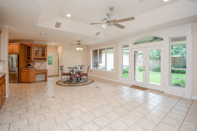 3003 Bernadette Ln, Houston, TX 77043 - dining space with recessed lighting, ceiling fan, a raised ceiling, and french doors