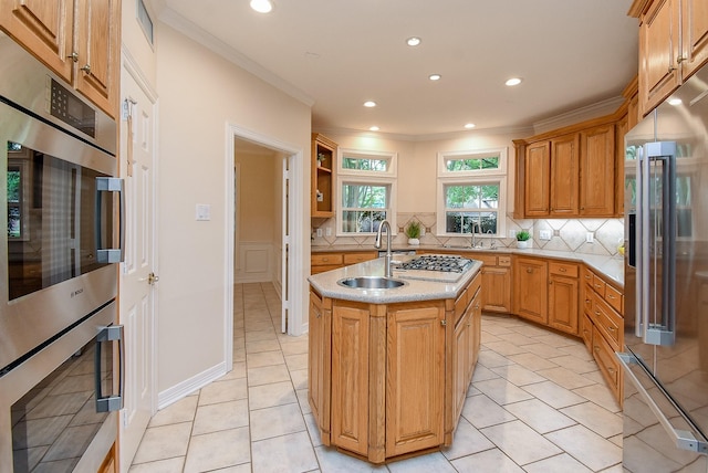 3003 Bernadette Ln, Houston, TX 77043 - kitchen with stainless steel appliances, decorative backsplash, crown molding, a center island with sink, and recessed lighting