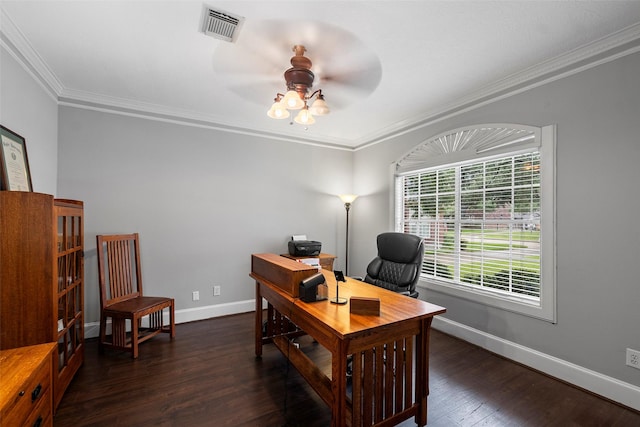 8511 Parmer Ct, Houston, TX 77064 - home office featuring a ceiling fan, dark wood-style flooring, and crown molding