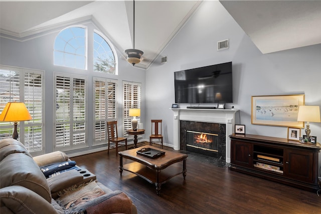 8511 Parmer Ct, Houston, TX 77064 - living room featuring a high end fireplace, wood finished floors, high vaulted ceiling, and ornamental molding