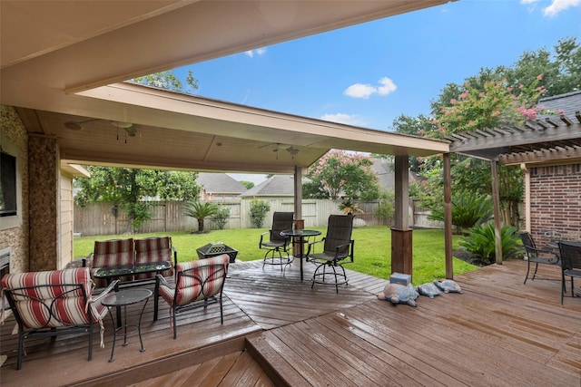8511 Parmer Ct, Houston, TX 77064 - deck with outdoor dining area, a pergola, a fenced backyard, and an outdoor living space