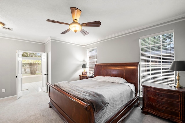 8511 Parmer Ct, Houston, TX 77064 - bedroom with carpet, ornamental molding, ceiling fan, and ensuite bath