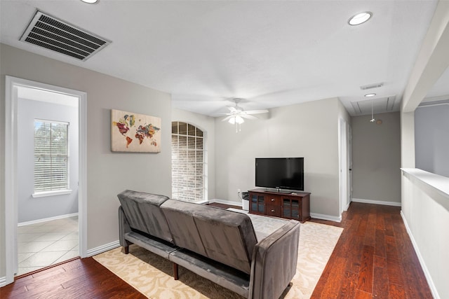 8511 Parmer Ct, Houston, TX 77064 - living room with attic access, hardwood / wood-style flooring, ceiling fan, and recessed lighting