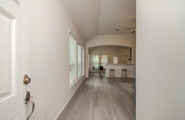 17603 Memorial Falls Dr, Tomball, TX 77375 - hallway with vaulted ceiling, wood finished floors, and arched walkways
