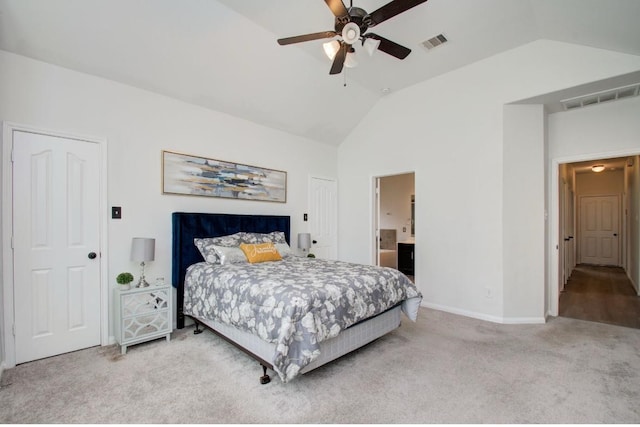 17603 Memorial Falls Dr, Tomball, TX 77375 - bedroom with lofted ceiling, carpet floors, ensuite bathroom, and ceiling fan