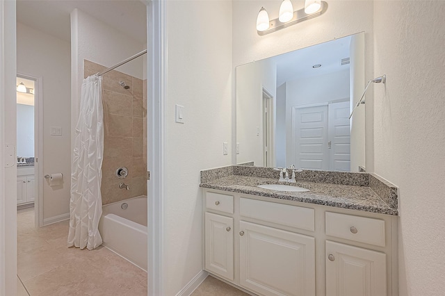 47 Monarch Trl, Sugar Land, TX 77498 - bathroom featuring shower / bath combo with shower curtain, vanity, and tile patterned floors