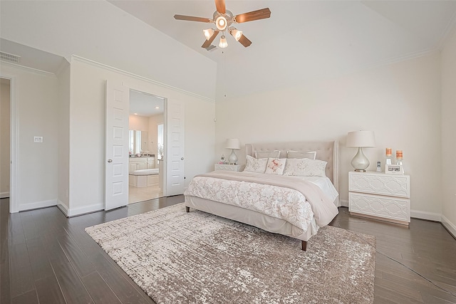 47 Monarch Trl, Sugar Land, TX 77498 - bedroom featuring dark wood finished floors, ornamental molding, connected bathroom, and a ceiling fan