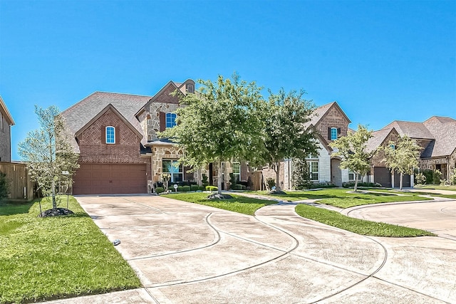 47 Monarch Trl, Sugar Land, TX 77498 - view of front of property with a garage, concrete driveway, stone siding, and a front lawn