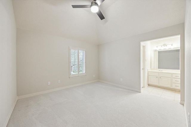 12410 Sonata Canyon Ln, Houston, TX 77041 - unfurnished bedroom with light carpet, lofted ceiling, ensuite bathroom, and ceiling fan
