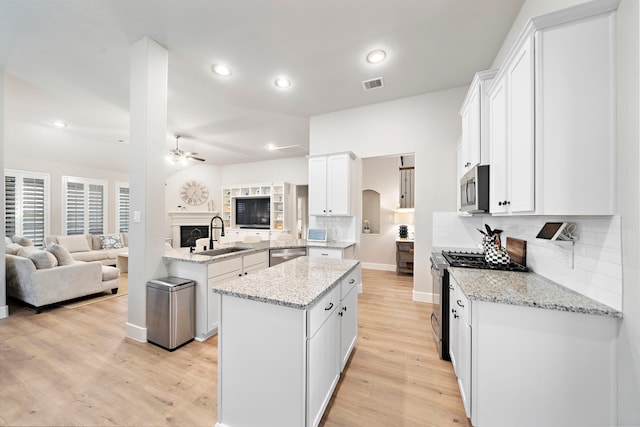 2707 Wollemi Pine Trl, Katy, TX 77493 - kitchen with stainless steel appliances, open floor plan, a peninsula, a ceiling fan, and light wood finished floors