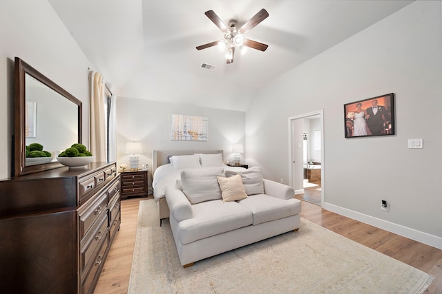 2707 Wollemi Pine Trl, Katy, TX 77493 - bedroom with vaulted ceiling, light wood-type flooring, connected bathroom, and a ceiling fan