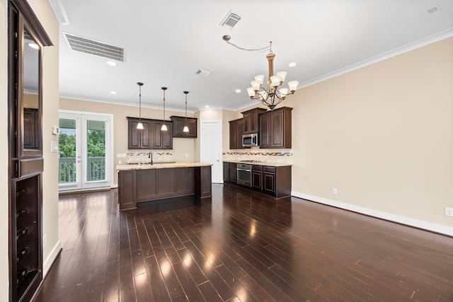 1161 Beasley Hills Ln, Houston, TX 77008 - kitchen with a chandelier, dark brown cabinets, stainless steel appliances, backsplash, and dark wood-type flooring