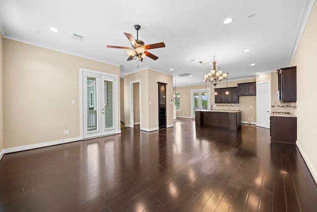 1161 Beasley Hills Ln, Houston, TX 77008 - unfurnished living room with ceiling fan, a chandelier, ornamental molding, dark wood-style floors, and recessed lighting