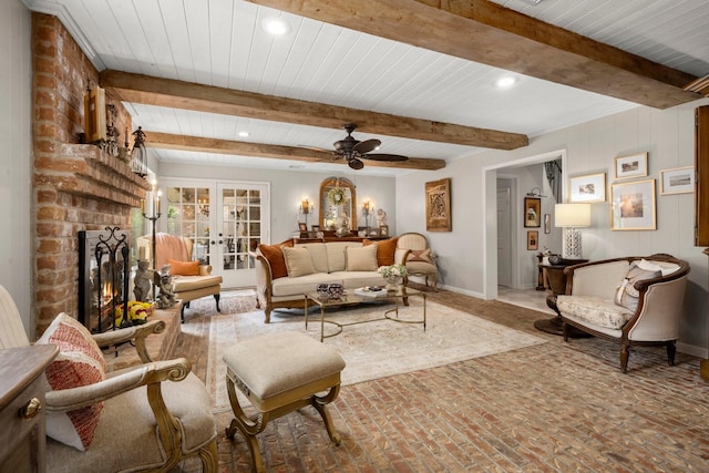 5610 Edgewick Ct, Houston, TX 77069 - living room featuring brick floors, recessed lighting, a brick fireplace, a ceiling fan, and a wooden ceiling with exposed beams