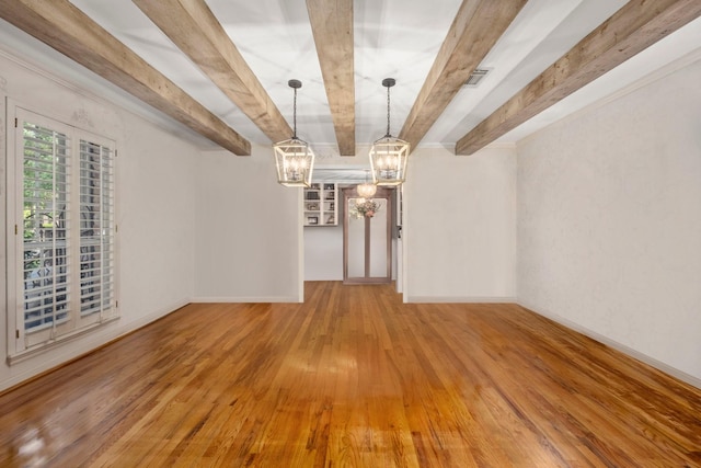 5610 Edgewick Ct, Houston, TX 77069 - unfurnished room with beam ceiling, wood-type flooring, and a chandelier