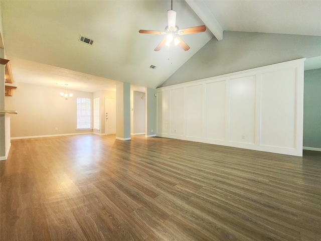 15006 Yorktown Colony Dr, Houston, TX 77084 - unfurnished living room featuring wood finished floors, a ceiling fan, a chandelier, and a decorative wall