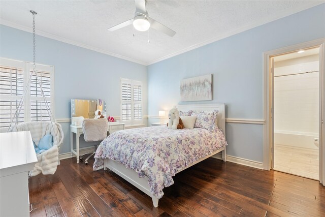 904 Pine Hollow Dr, Friendswood, TX 77546 - bedroom with crown molding, dark wood-type flooring, a ceiling fan, and a textured ceiling