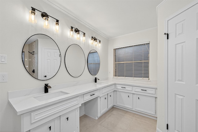19502 Enchanted Oaks Dr, Spring, TX 77388 - bathroom featuring tile patterned flooring, double vanity, crown molding, and a shower