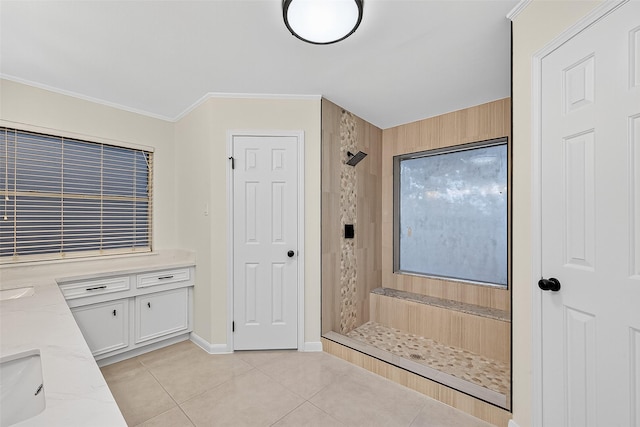 19502 Enchanted Oaks Dr, Spring, TX 77388 - full bath featuring a tile shower, tile patterned floors, ornamental molding, and vanity