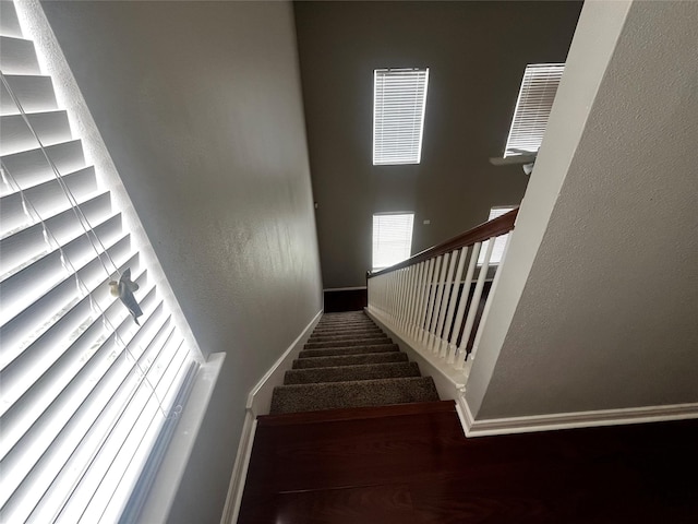 8303 Gros Ventre Ln, Houston, TX 77095 - stairs featuring a towering ceiling and baseboards