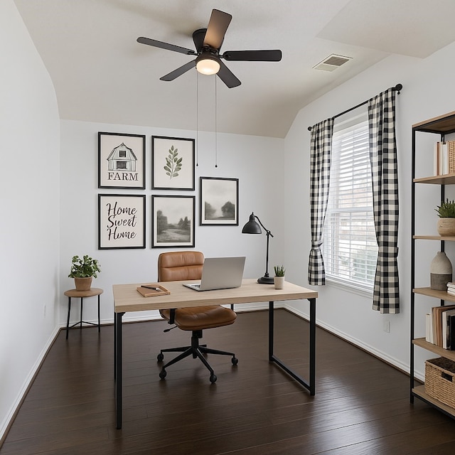 23307 W Pine Ivy Ln, Tomball, TX 77375 - office featuring ceiling fan, dark wood finished floors, and lofted ceiling