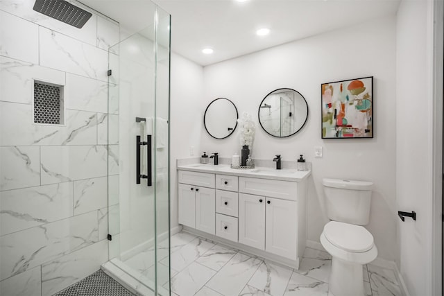 4330 Heite St, Houston, TX 77022 - full bathroom with a marble finish shower, marble look tiles, double vanity, and recessed lighting