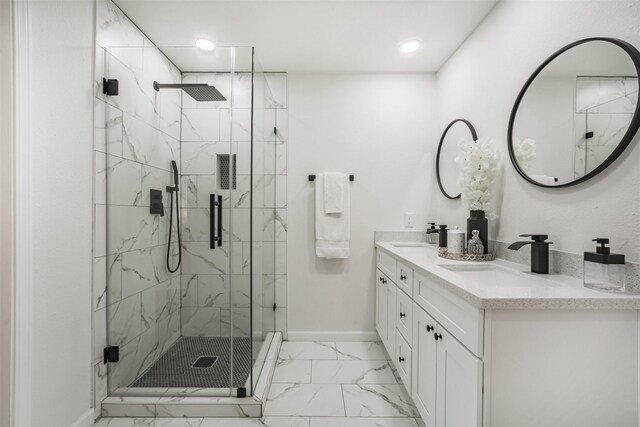 4330 Heite St, Houston, TX 77022 - full bathroom with a marble finish shower, double vanity, marble look tile flooring, and recessed lighting
