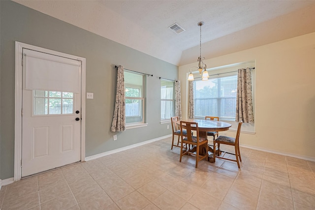 30606 S Sulphur Creek Dr, Magnolia, TX 77355 - dining area with a chandelier, lofted ceiling, and light tile patterned floors