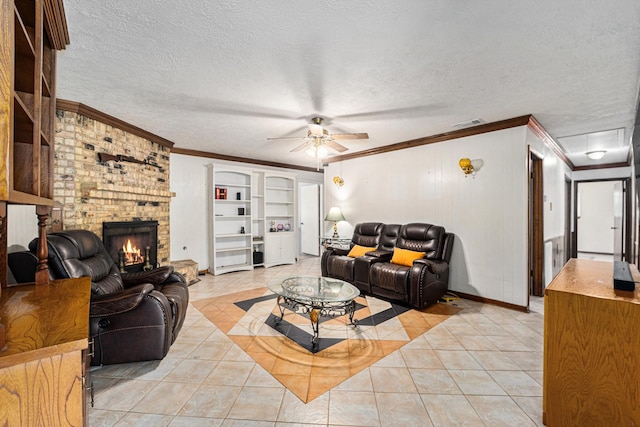 2505 Mary Ave, Pearland, TX 77581 - living area with crown molding, ceiling fan, a brick fireplace, light tile patterned floors, and a textured ceiling