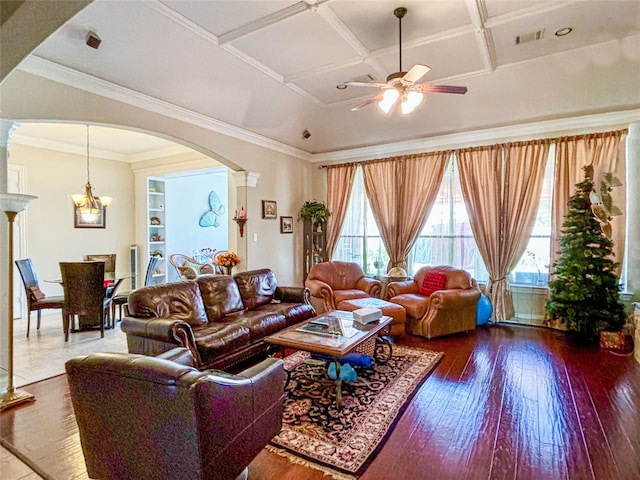 2715 Joshua Tree Ln, Manvel, TX 77578 - living room with arched walkways, coffered ceiling, a ceiling fan, hardwood / wood-style flooring, and ornate columns