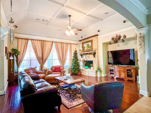 2715 Joshua Tree Ln, Manvel, TX 77578 - living room with arched walkways, a ceiling fan, coffered ceiling, wood finished floors, and ornamental molding