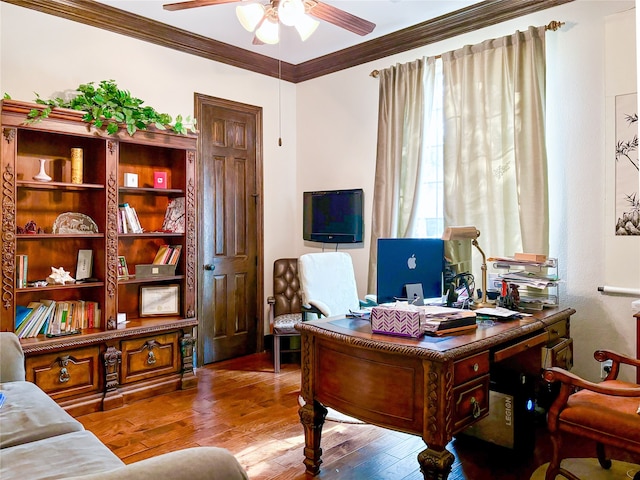 2715 Joshua Tree Ln, Manvel, TX 77578 - office space with a ceiling fan, hardwood / wood-style flooring, and ornamental molding