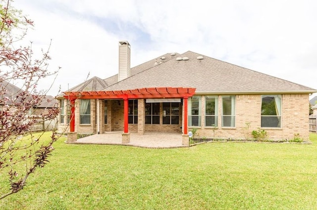 2715 Joshua Tree Ln, Manvel, TX 77578 - rear view of house featuring a patio, a pergola, a shingled roof, a chimney, and brick siding
