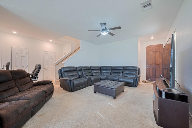 602 Willow Briar Dr, Houston, TX 77090 - carpeted living room featuring a ceiling fan, recessed lighting, and stairway