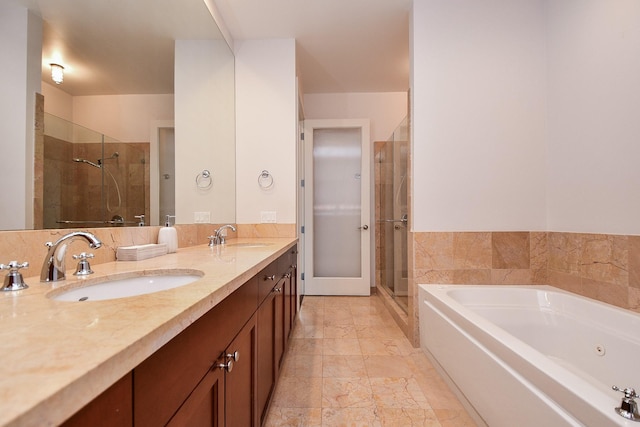 5005 Hidalgo St Unit 210, Houston, TX 77056 - bathroom featuring a stall shower, double vanity, a tub with jets, and french doors