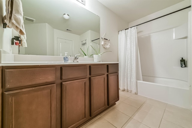 21118 Baltic Rain Dr, Hockley, TX 77447 - bathroom with tile patterned flooring, vanity, and shower / tub combo with curtain
