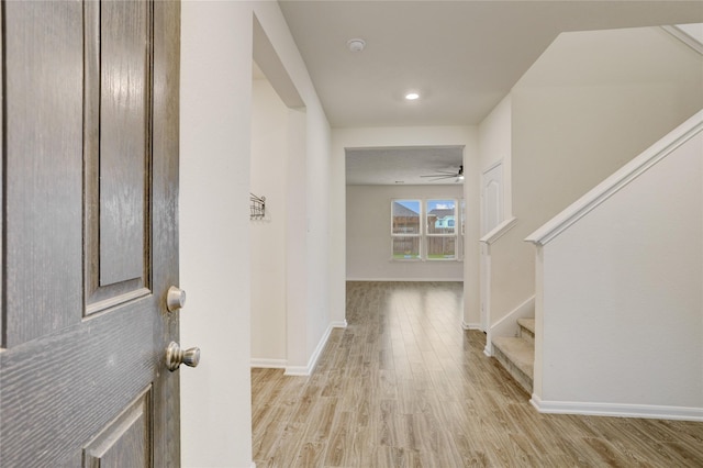 3905 Chartham Ln, Pearland, TX 77584 - foyer entrance featuring wood finished floors, stairway, a ceiling fan, and recessed lighting