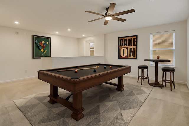 3905 Chartham Ln, Pearland, TX 77584 - rec room with light carpet, billiards table, a ceiling fan, and recessed lighting