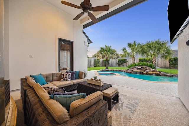 5214 Bristol Bank Ct, Houston, TX 77041 - fenced backyard featuring ceiling fan, an outdoor living space, an in-ground hot tub, and a patio