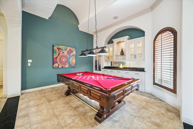 5214 Bristol Bank Ct, Houston, TX 77041 - recreation room featuring ornamental molding, billiards, arched walkways, lofted ceiling, and light tile patterned flooring
