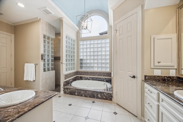 5214 Bristol Bank Ct, Houston, TX 77041 - bathroom with vanity, a bath, a chandelier, tile patterned floors, and walk in shower