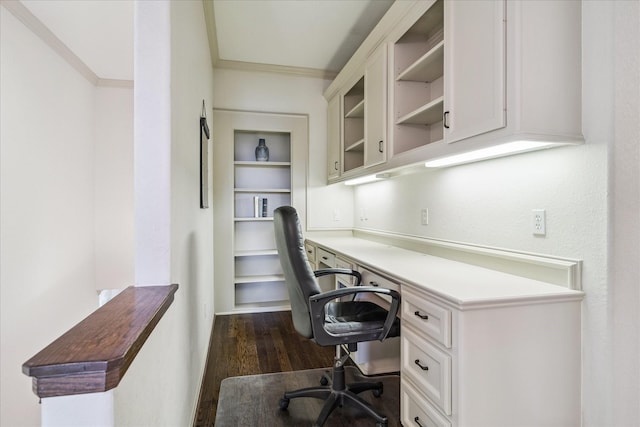 5214 Bristol Bank Ct, Houston, TX 77041 - office area with dark wood finished floors, ornamental molding, and built in desk