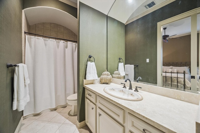 5214 Bristol Bank Ct, Houston, TX 77041 - bathroom featuring ceiling fan, vanity, tile patterned flooring, and a shower with shower curtain