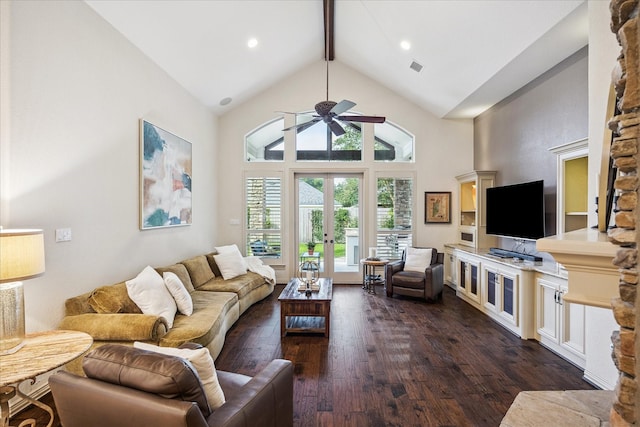 5214 Bristol Bank Ct, Houston, TX 77041 - living area featuring ceiling fan, dark wood-style floors, beamed ceiling, high vaulted ceiling, and recessed lighting
