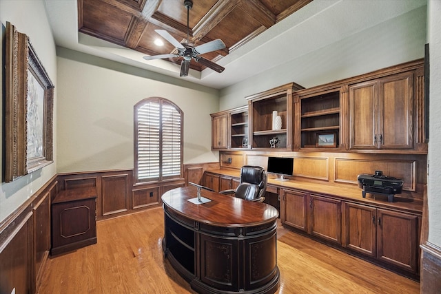 5214 Bristol Bank Ct, Houston, TX 77041 - office with ceiling fan, light wood finished floors, wainscoting, coffered ceiling, and built in study area